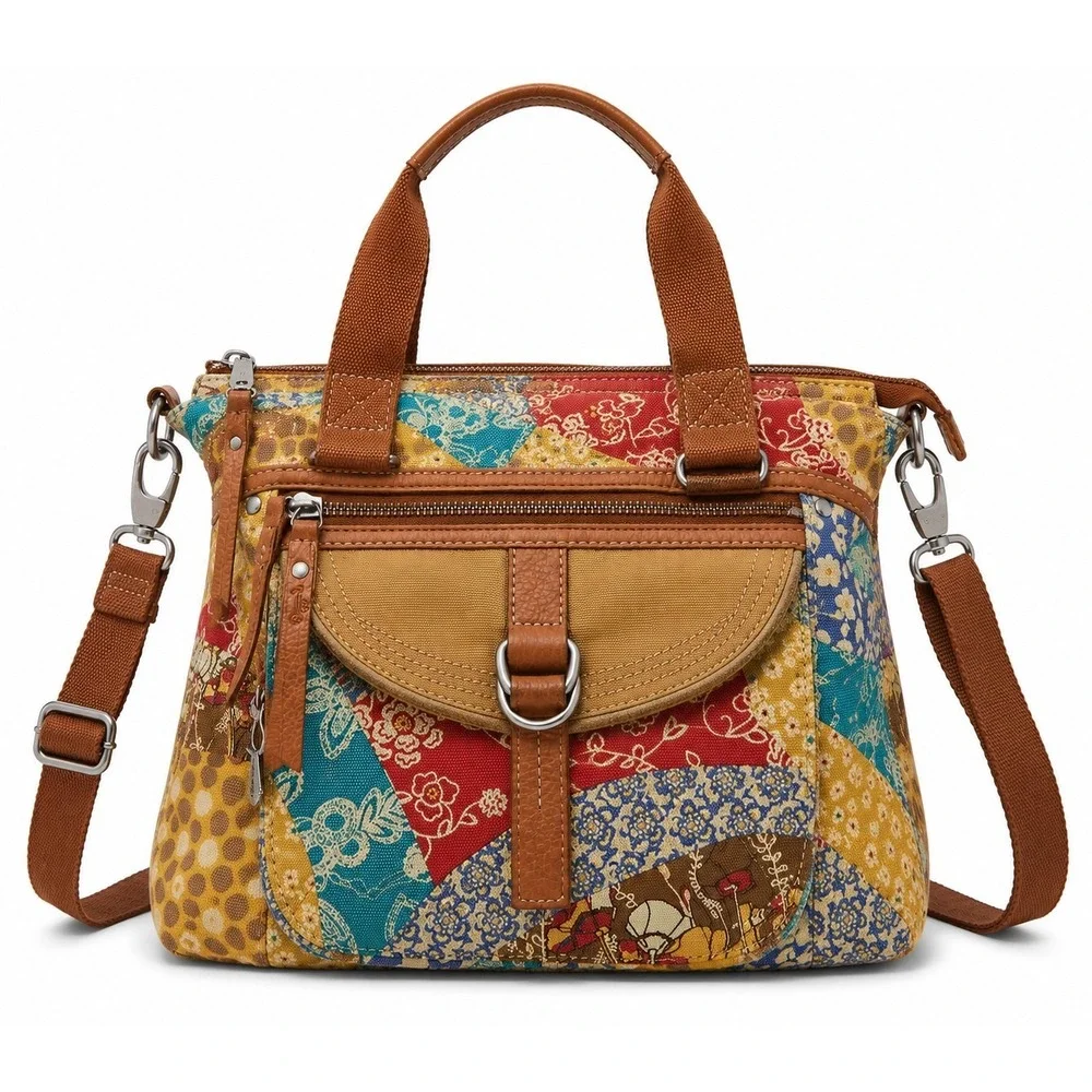 Fossil Patchwork Canvas Satchel Handbag Crossbody Shoulder Bag Leather Boho...